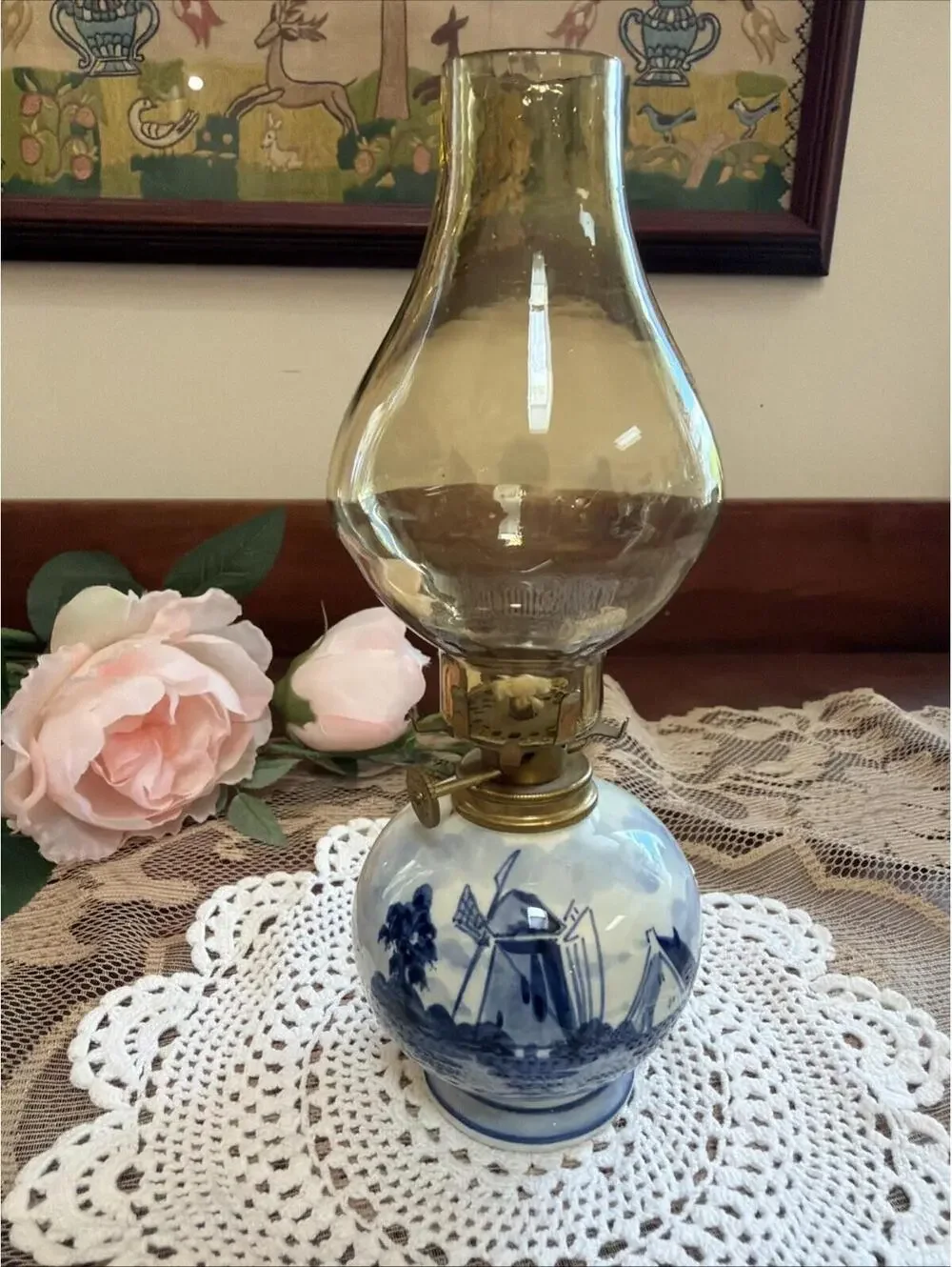 VTG Mini Oil Lamp Delft Blue Windmill Amber Glass Chimney Holland 9” Dutch